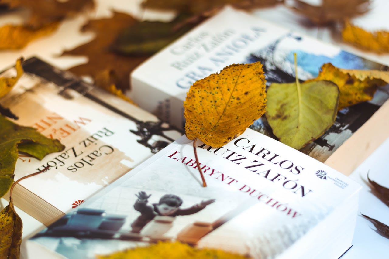 Warm autumn scene with books and fallen leaves, embodying cozy reading vibes.