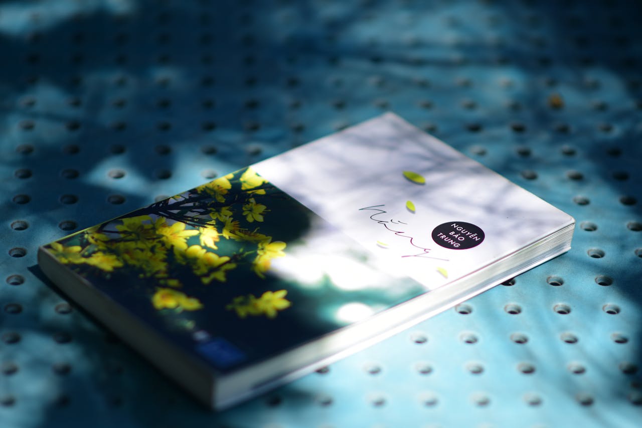 Artistic book cover with yellow flowers on a blue perforated surface under dappled light.