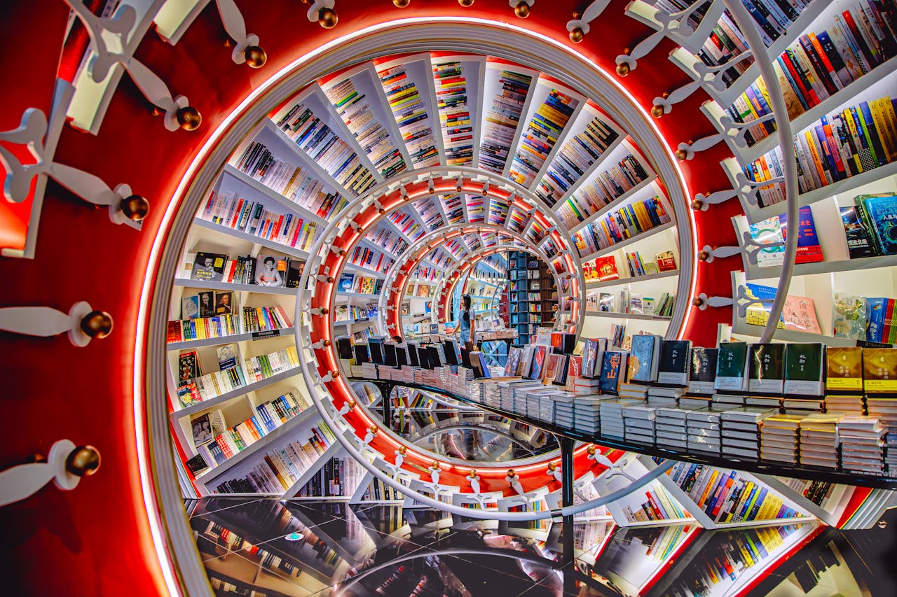 Explore a striking spiral design bookstore filled with rows of vibrant books in Shenzhen, China.
